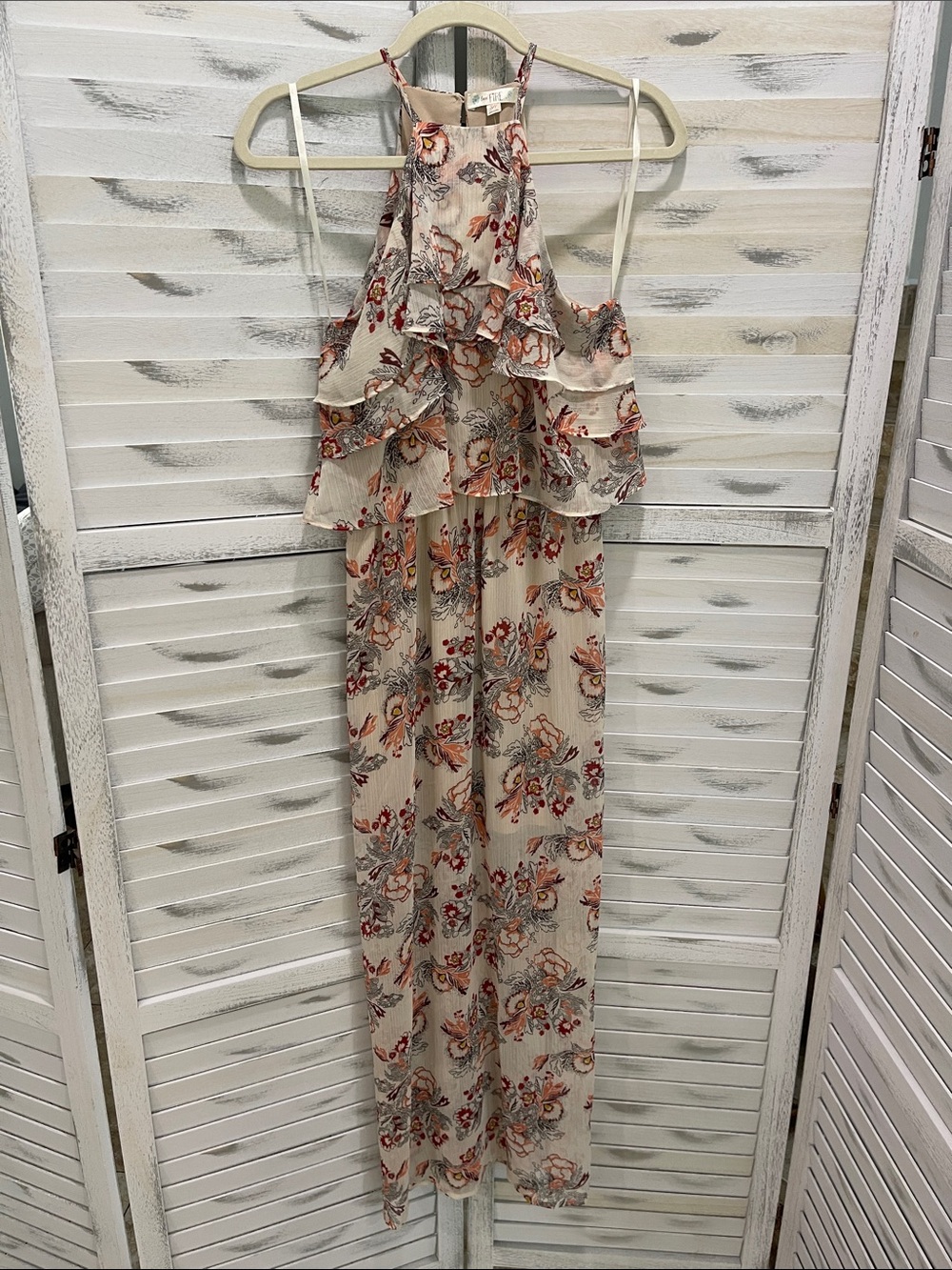love, Fire Cream Floral Halter Maxi Dress